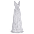 Kate Kasin Sexy sin mangas de cuello en V de plata brillante Long Sequined vestido de fiesta de baile KK000199-3